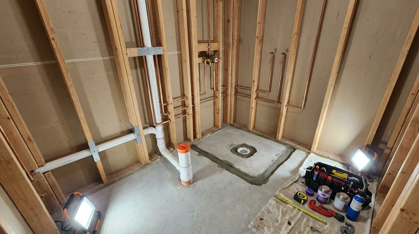 Bathroom rough-in plumbing during remodel by Johns Plumbing LLC in Louisa