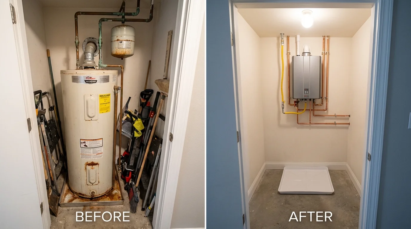 Tank water heater versus wall-mounted tankless unit comparison for Louisa, VA homeowners