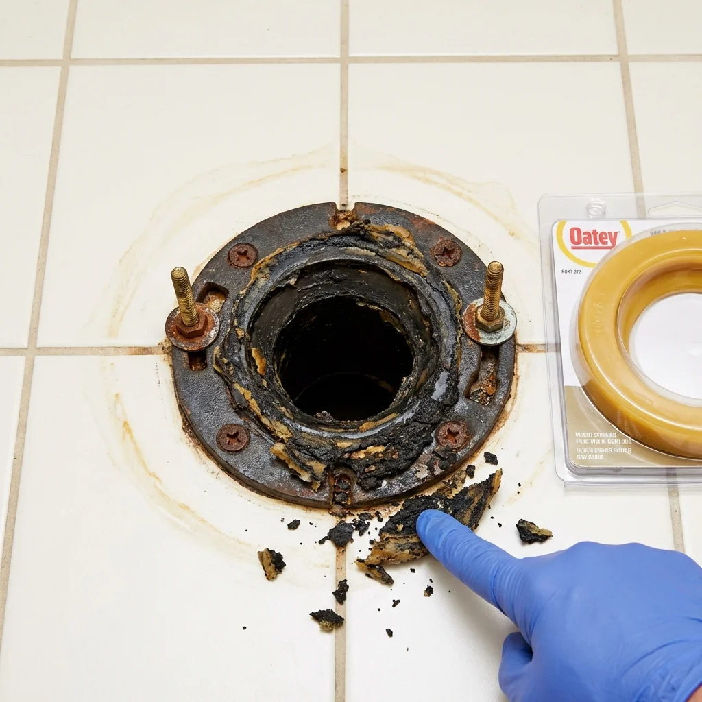 Failed wax ring showing water seepage at the base of a toilet in a Louisa, VA home