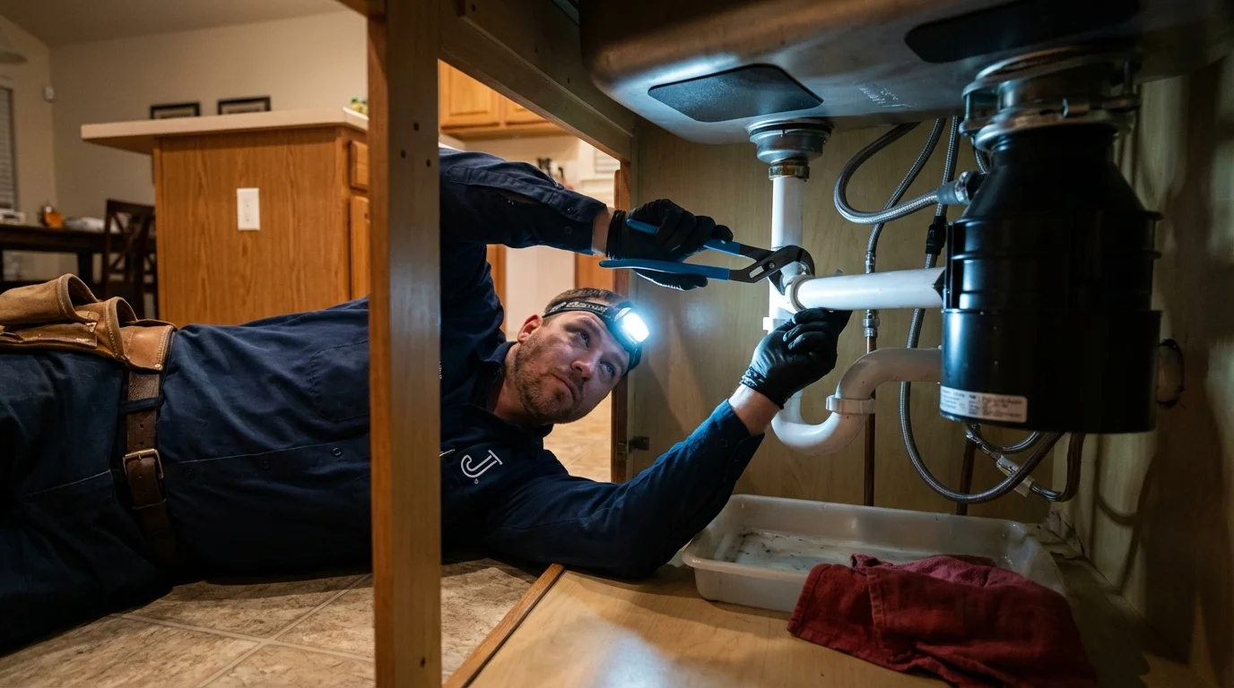 P-trap and supply line connections under a kitchen sink showing a common leak point in Louisa, VA